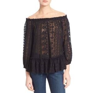 Rebecca Taylor Womens Embroidered Black Silk Lace Sheer Off The Shoulder Blouse